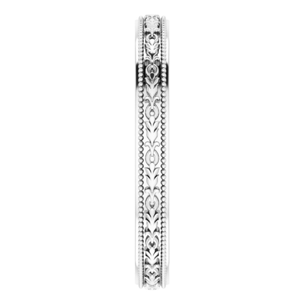 14K White Gold 3 mm Milgrain Floral Flat Band Size 7.5