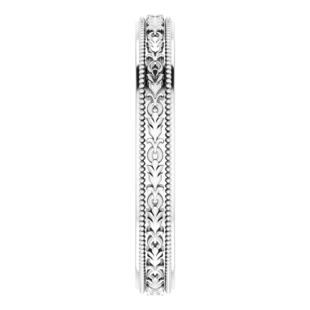 10K White Gold 3 mm Milgrain Floral Flat Band Size 4