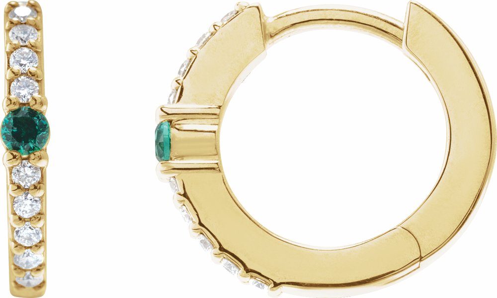 14K Yellow Gold Natural Emerald & 1/8 CTW Natural Diamond 13.6 mm Hoop Earring