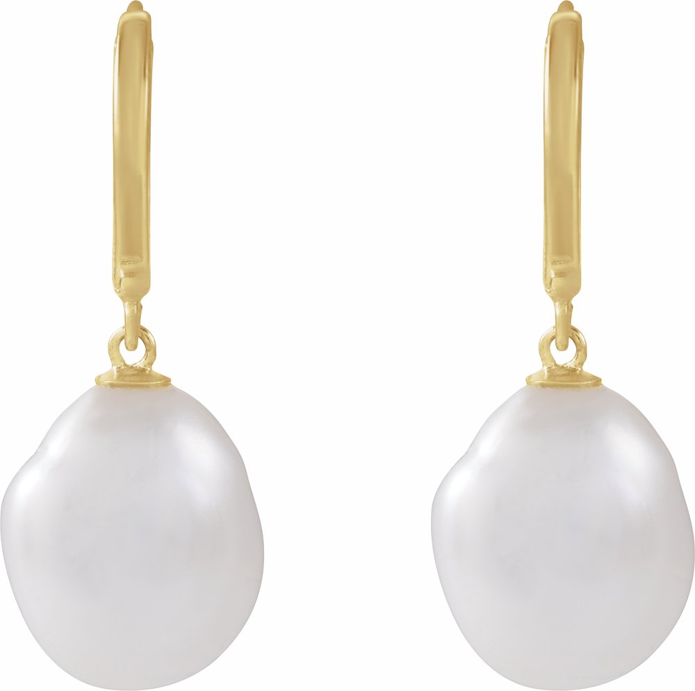 14K Yellow Gold Cultured White Freshwater Keshi Pearl Hoop Earrings
