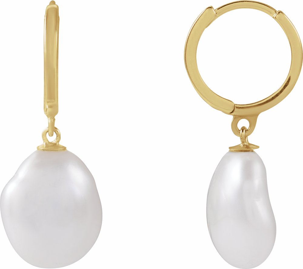 14K Yellow Gold Cultured White Freshwater Keshi Pearl Hoop Earrings