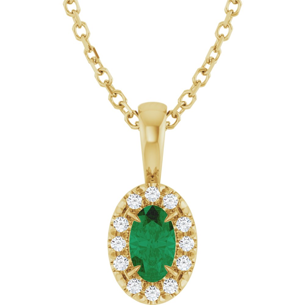 14K Yellow 5x3 mm Natural Emerald & .05 CTW Natural Diamond 16-18" Necklace