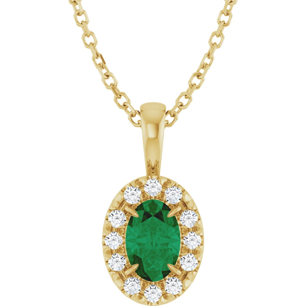 14K Yellow 6x4 mm Lab-Grown Emerald & 1/10 CTW Natural Diamond 16-18" Necklace