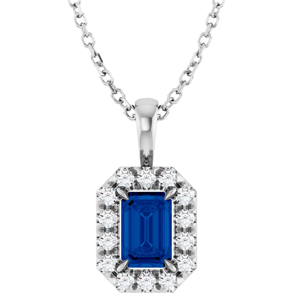 14K White 6x4 mm Natural Blue Sapphire & 1/5 CTW Natural Diamond 16-18" Necklace