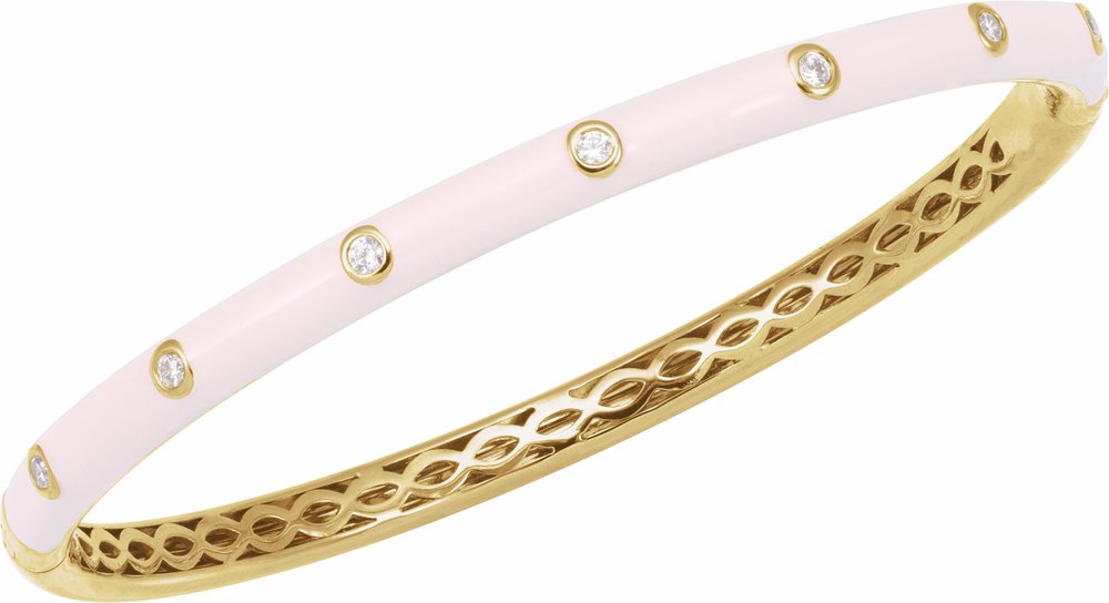 14K Yellow Gold 1/5 CTW Natural Diamond & Pink Enamel 7" Bangle Bracelet