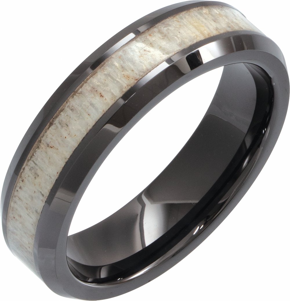 Black Ceramic 6 mm Beveled-Edge Antler Wood Inlay Comfort-Fit Band Size 7