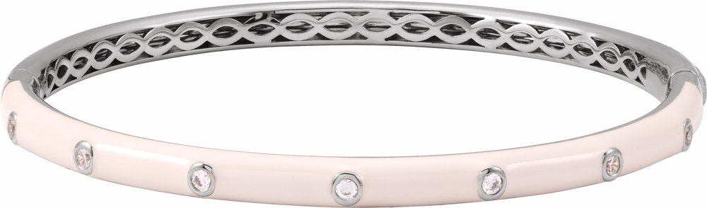 14K White Gold 1/5 CTW Natural Diamond & Pink Enamel 7" Bangle Bracelet