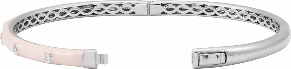 14K White Gold 1/5 CTW Natural Diamond & Pink Enamel 7" Bangle Bracelet
