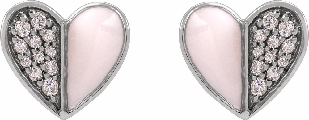 14K White 1/10 Natural Diamond & Pink Enamel Heart Earrings