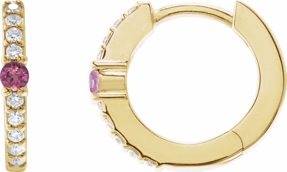 14K Yellow Gold Natural Pink Tourmaline & 1/8 CTW Natural Diamond 13.6 mm Hoop Earring