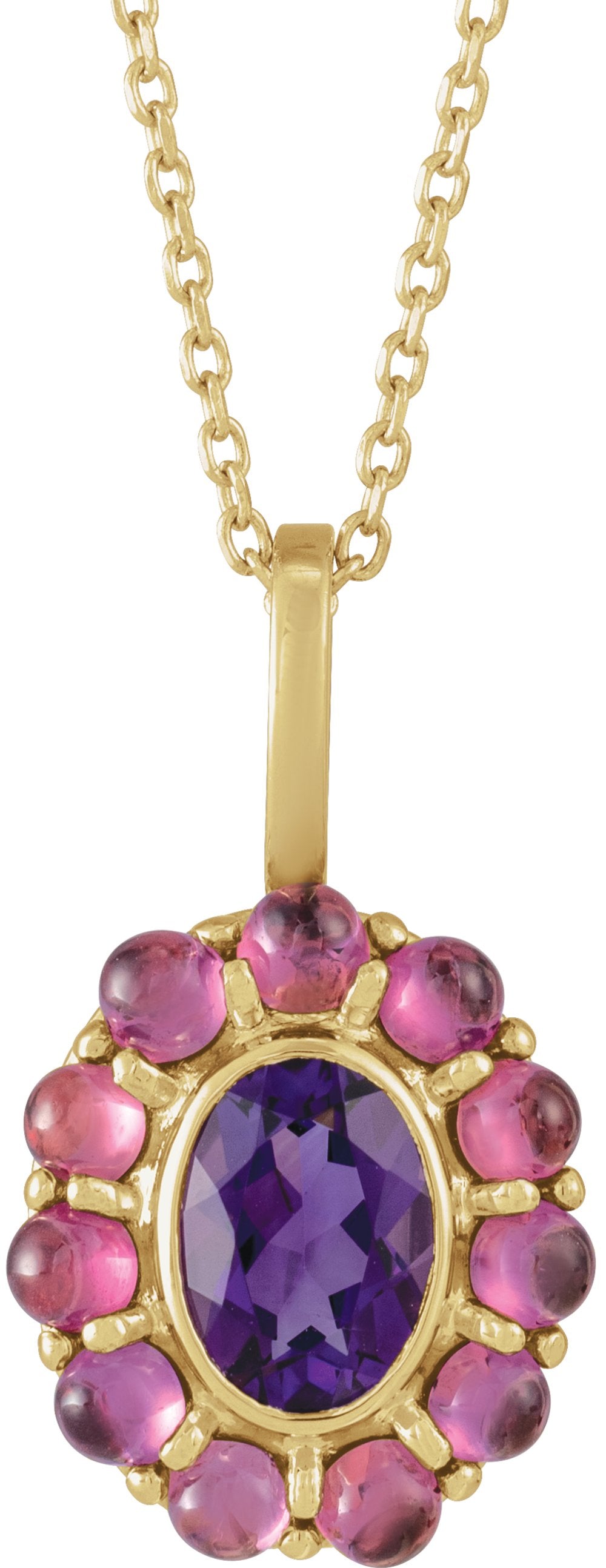 14K Yellow Gold Natural Amethyst & Natural Rhodolite Garnet Halo-Style 16-18" Necklace
