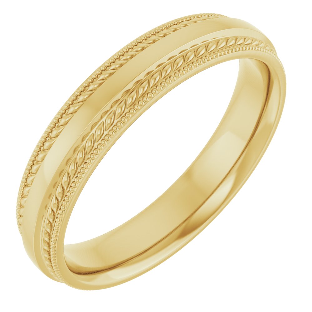 14K Yellow Gold 4 mm Rope & Milgrain Stepped-Edge Comfort-Fit Half Round Band Size 7.5
