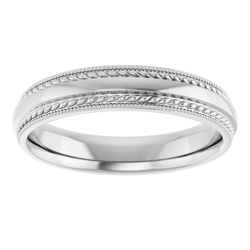 14K White Gold 4 mm Rope & Milgrain Stepped-Edge Comfort-Fit Half Round Band Size 7