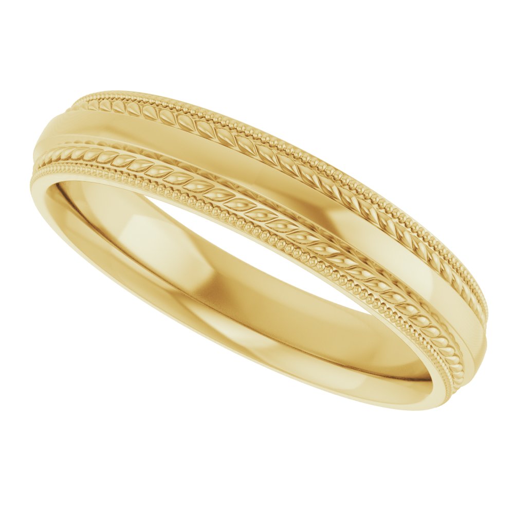 14K Yellow Gold 4 mm Rope & Milgrain Stepped-Edge Comfort-Fit Half Round Band Size 7.5