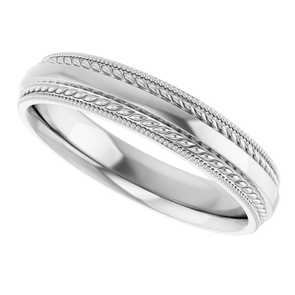 10K White Gold 4 mm Rope & Milgrain Stepped-Edge Comfort-Fit Half Round Band Size 10