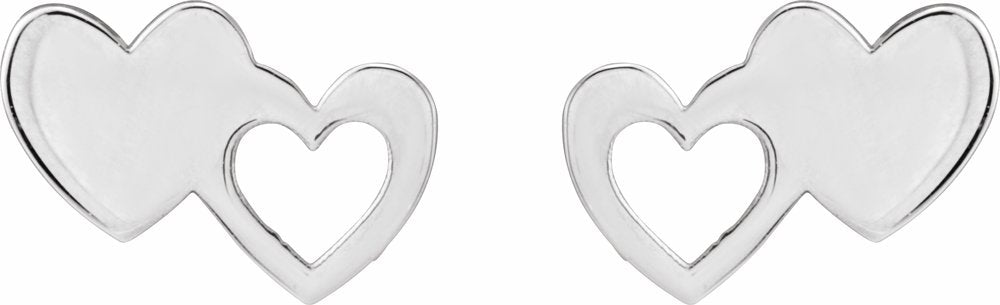 14K White Double Heart Stud Earrings