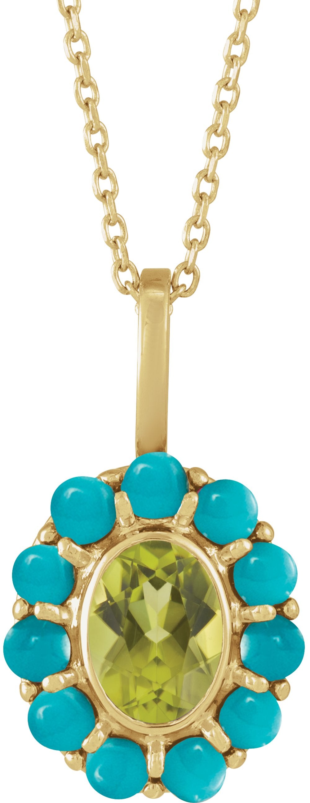 14K Yellow Gold Natural Peridot & Natural Turquoise Halo-Style 16-18" Necklace