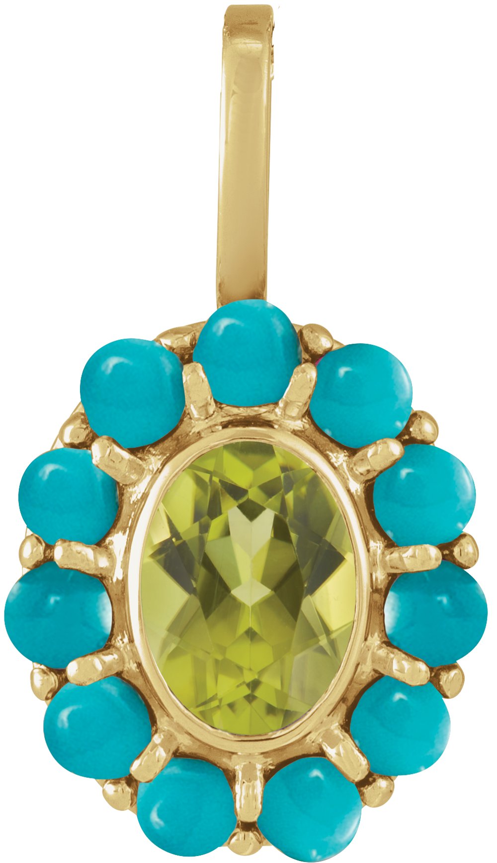 14K Yellow Gold Natural Peridot & Natural Turquoise Halo-Style Pendant