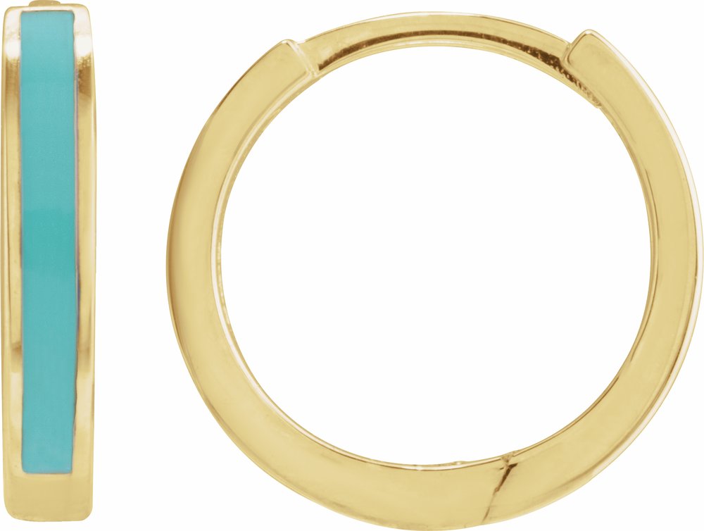 14K Yellow Gold Turquoise Enamel Hinged 12.1 mm Hoop Earrings