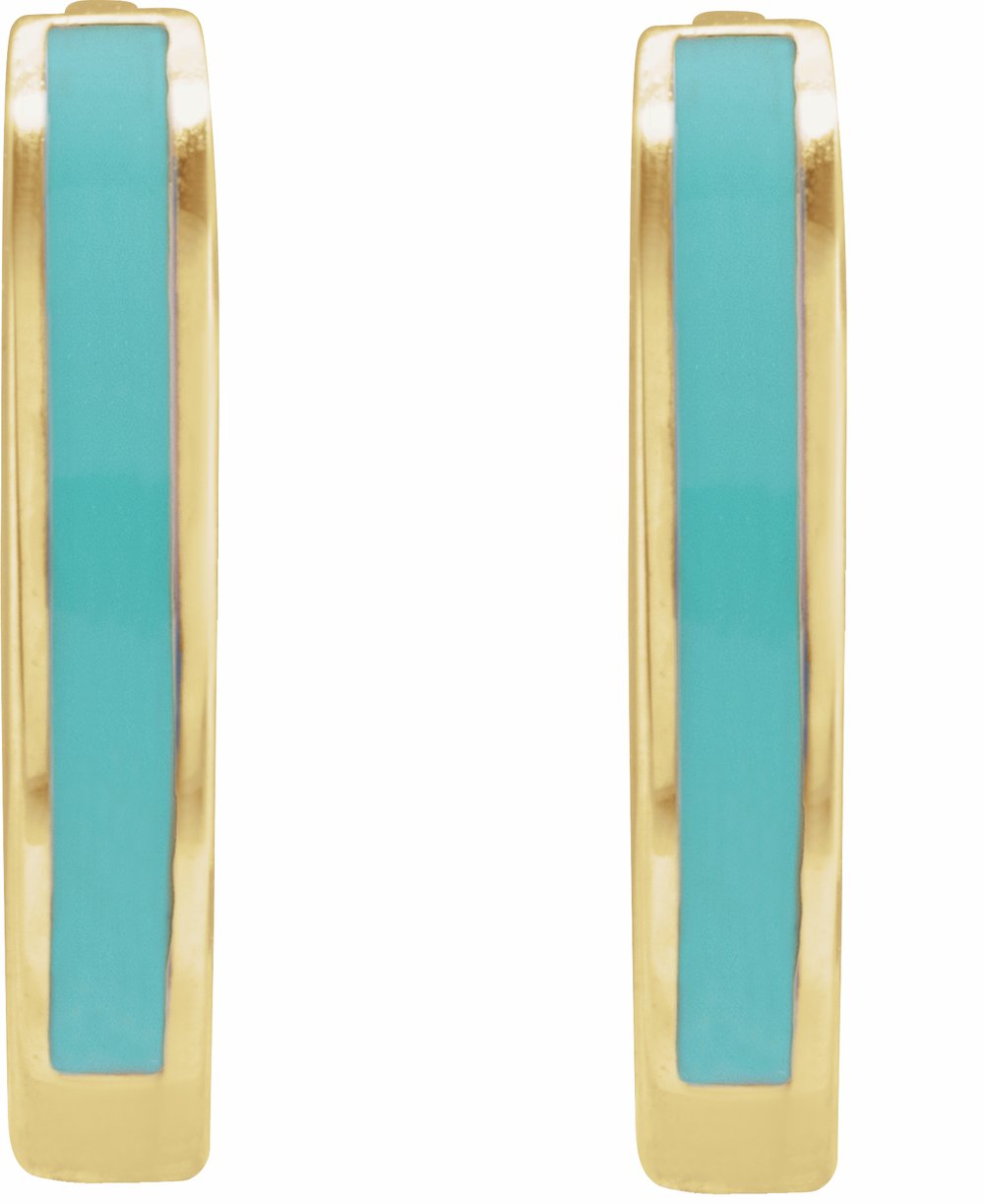 14K Yellow Gold Turquoise Enamel Hinged 12.1 mm Hoop Earrings