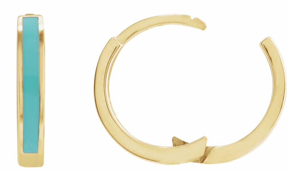 14K Yellow Gold Turquoise Enamel Hinged 12.1 mm Hoop Earrings