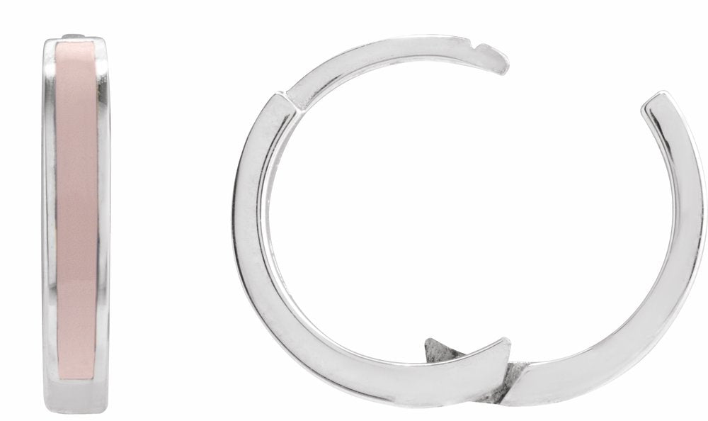 14K White Gold Pink Enamel Hinged 12.1 mm Hoop Earrings