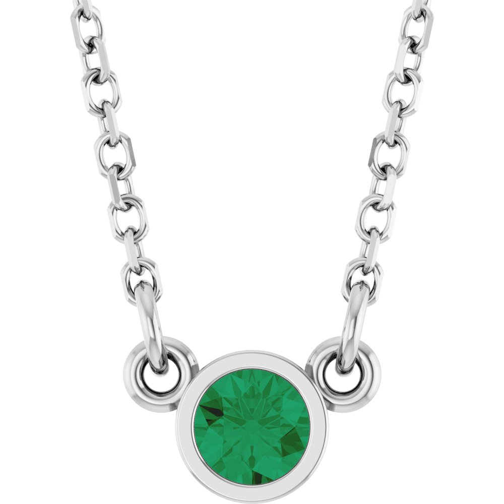 14K White Gold Lab-Grown Emerald Solitaire 16" Necklace