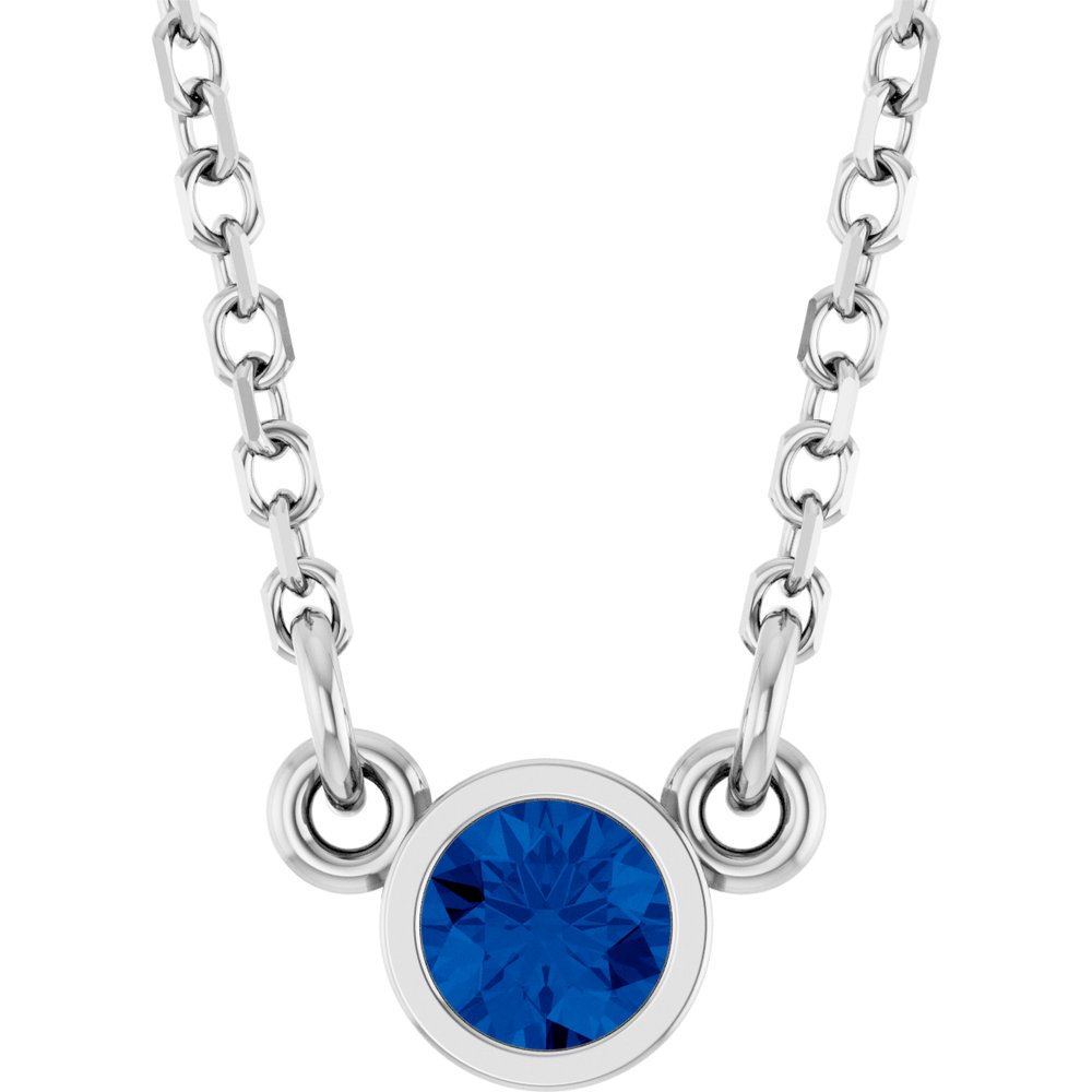 Rhodium-Plated Sterling Silver Imitation Blue Sapphire Solitaire 16" Necklace