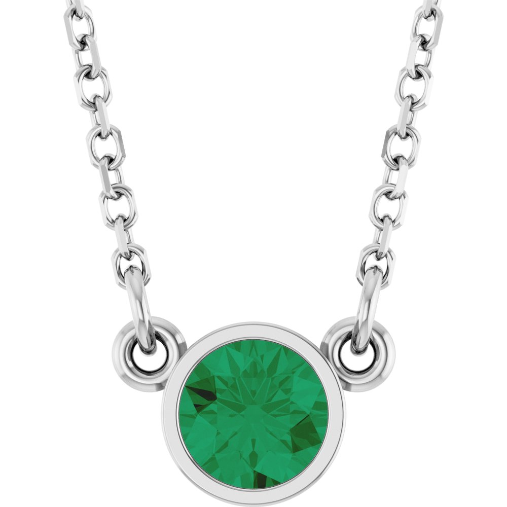 Rhodium-Plated Sterling Silver Lab-Grown Emerald Solitaire 16" Necklace