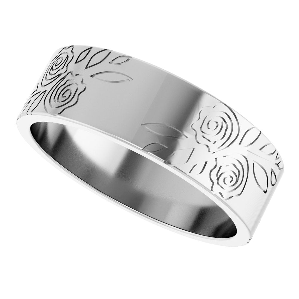 14K White Gold 6 mm Floral Flat Band Size 10