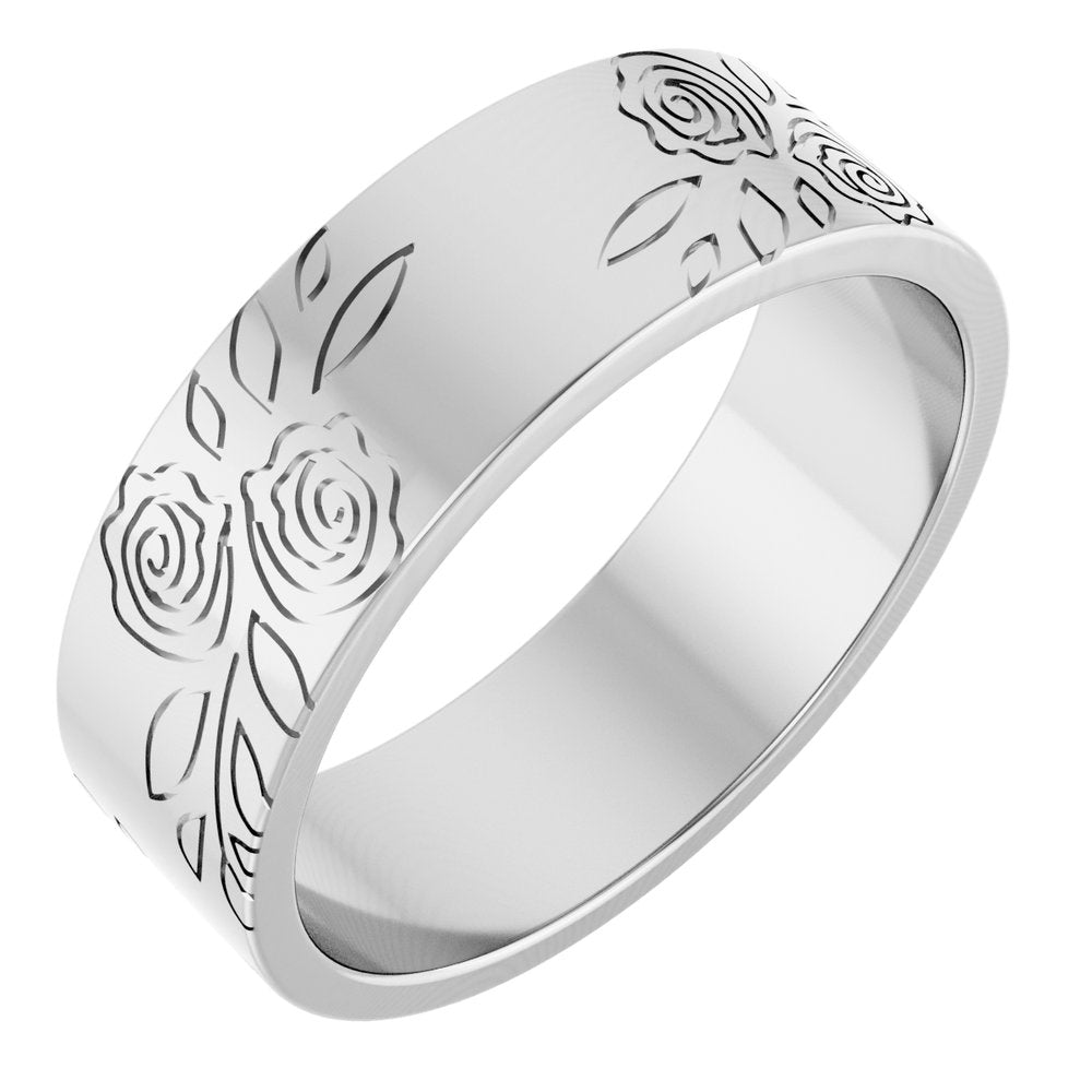 14K White Gold 6 mm Floral Flat Band Size 10