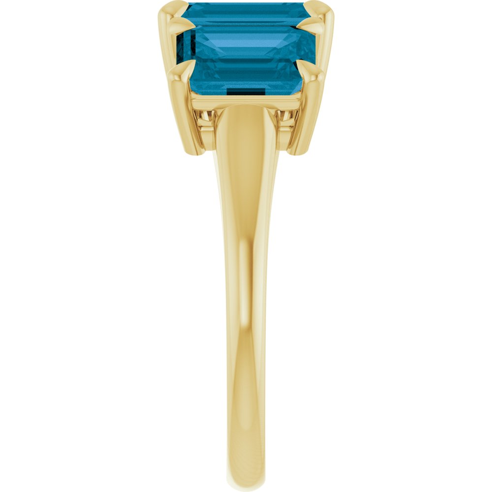 14K Yellow Gold 8x6 mm Emerald Natural London Blue Topaz Three-Stone Ring