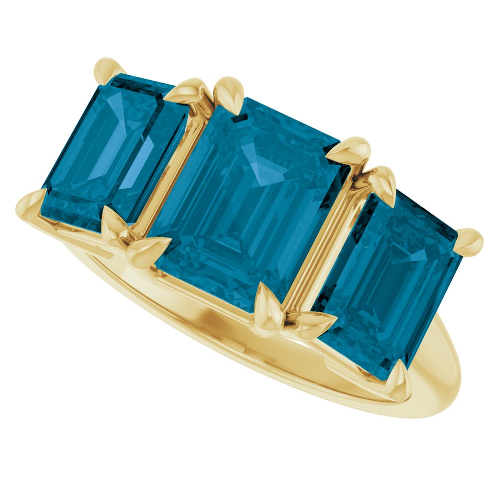 14K Yellow Gold 8x6 mm Emerald Natural London Blue Topaz Three-Stone Ring