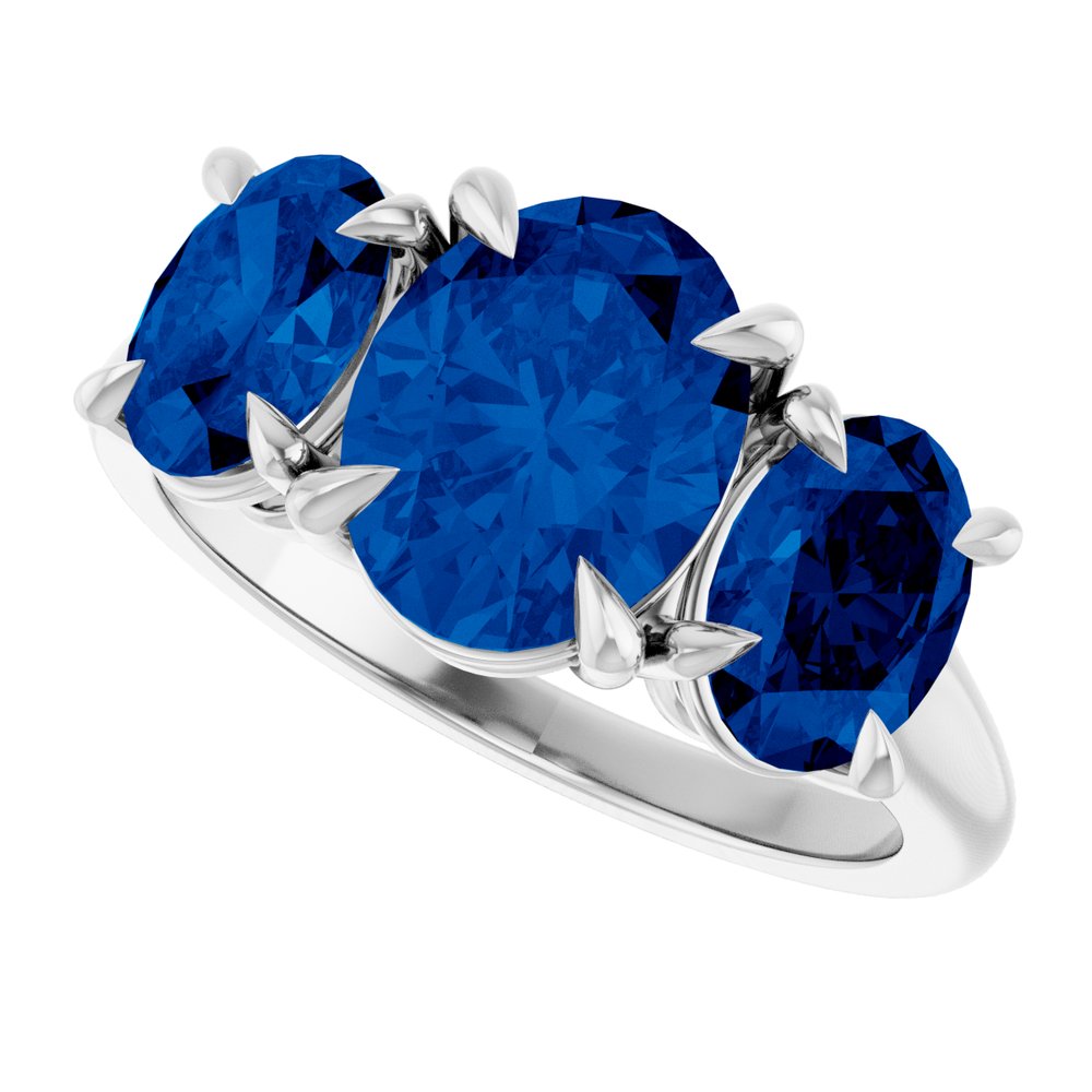 14K White 8x6 mm Oval Lab-Grown Blue Sapphire Three-Stone Ring