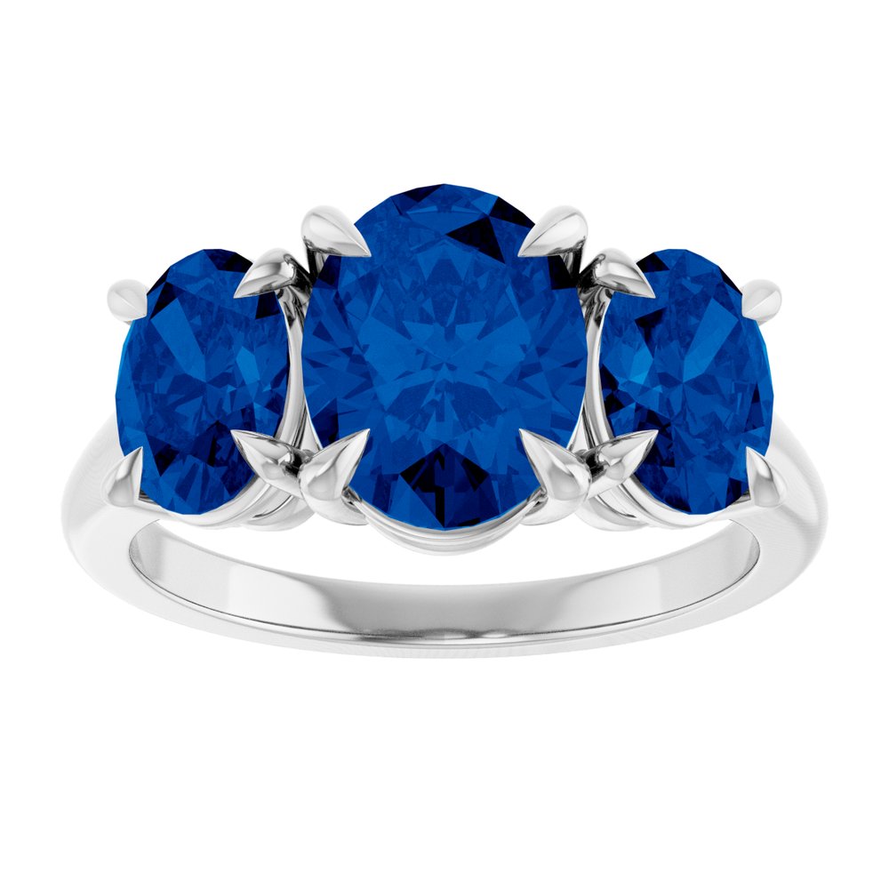 14K White 8x6 mm Oval Lab-Grown Blue Sapphire Three-Stone Ring