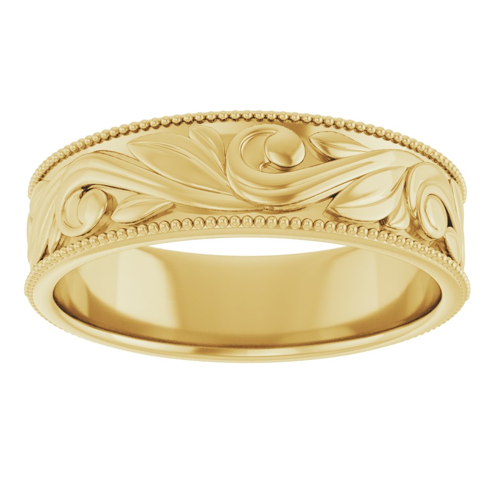 14K Yellow Gold 6 mm Milgrain Edge Floral Flat Band Size 10
