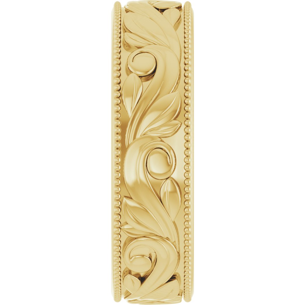 14K Yellow Gold 6 mm Milgrain Edge Floral Flat Band Size 10