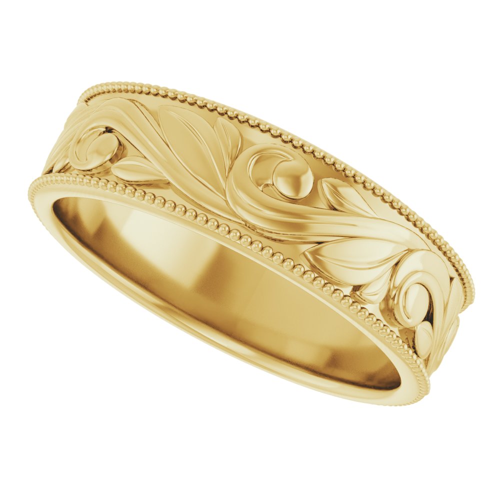 14K Yellow Gold 6 mm Milgrain Edge Floral Flat Band Size 10
