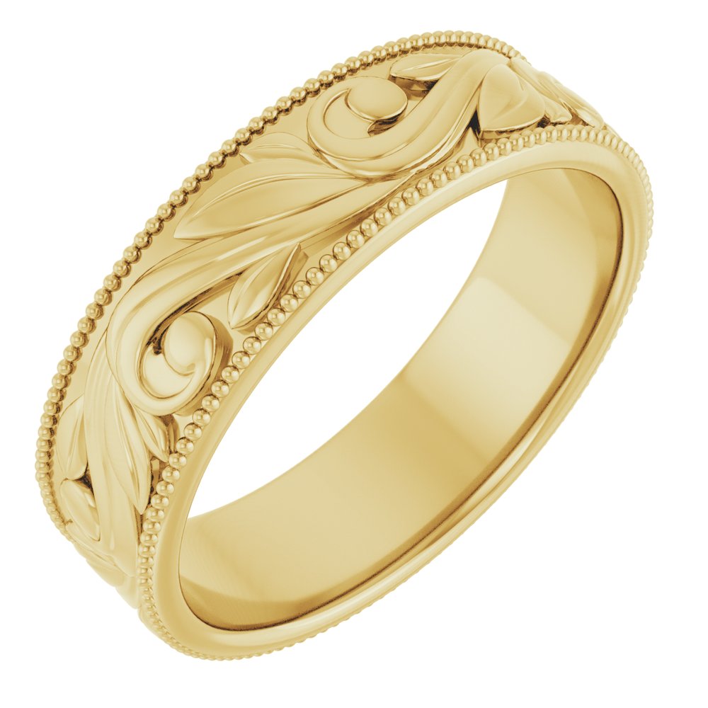 14K Yellow Gold 6 mm Milgrain Edge Floral Flat Band Size 10