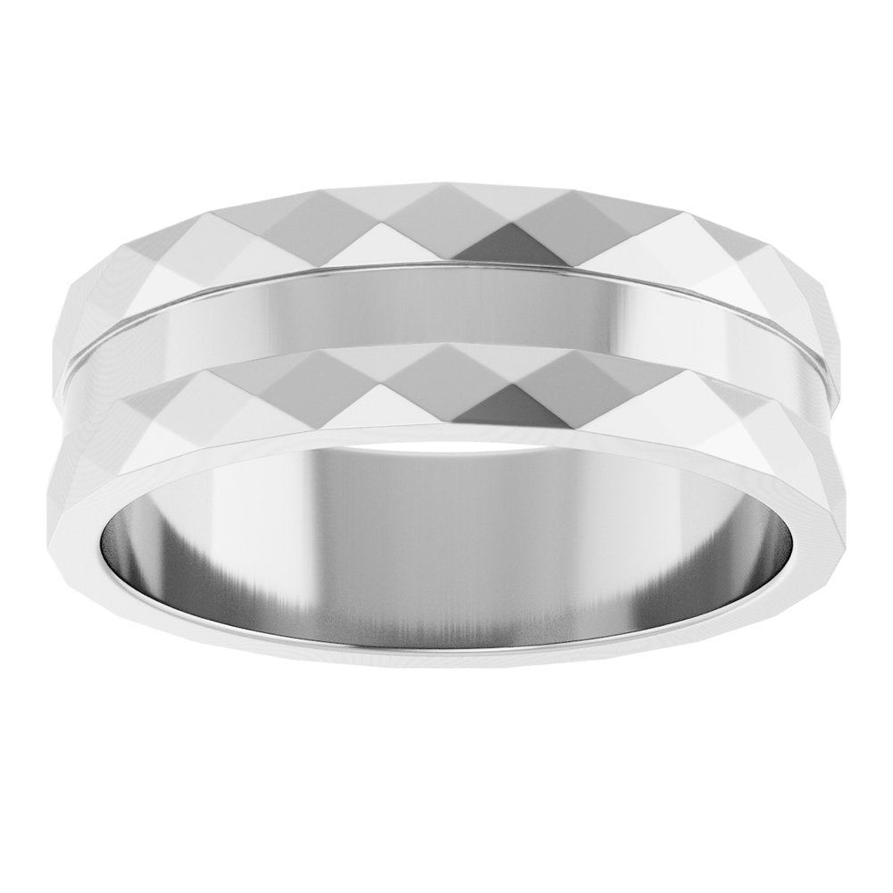 14K White Gold 6 mm Geometric Faceted Grooved Flat Band Size 9