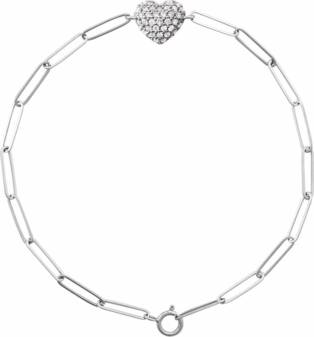 14K White Gold 1/3 CTW Natural Diamond Heart & Paperclip-Style 7" Bracelet