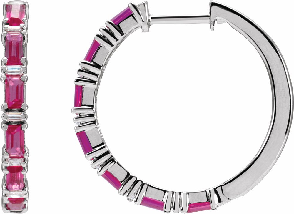 14K White Natural Ruby & 1 1/4 Natural Diamond Hoop Earrings