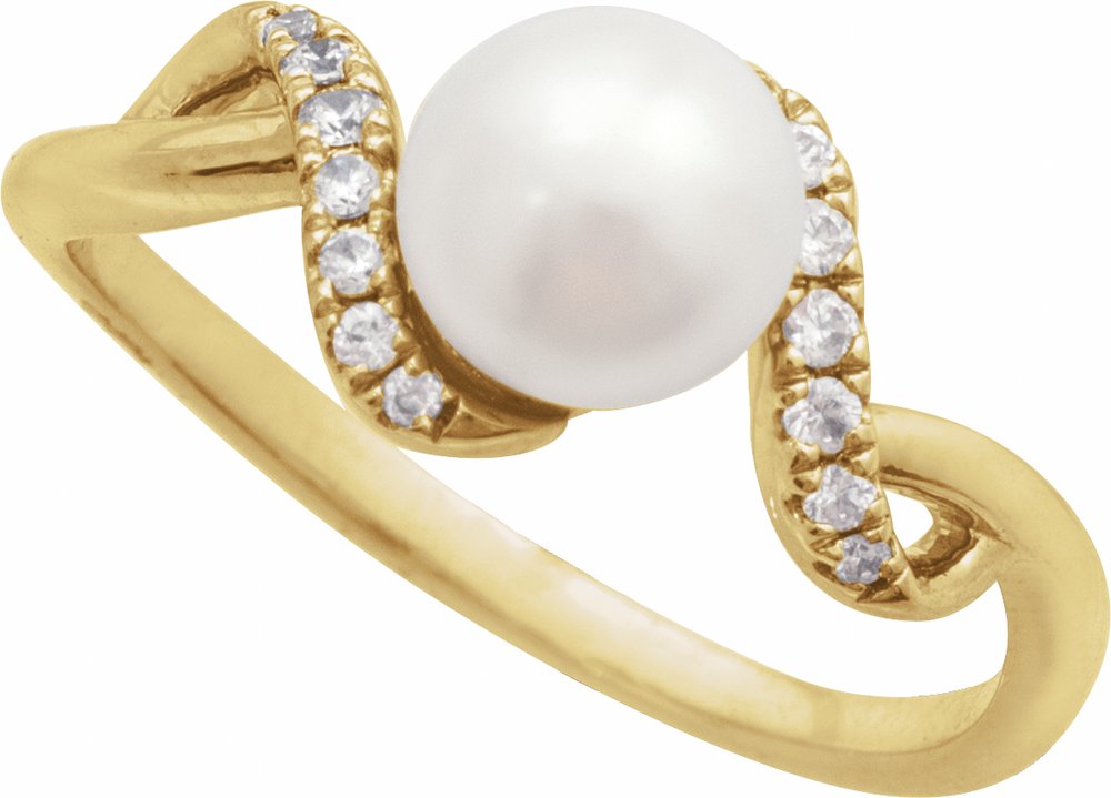 14K Yellow Cultured White Freshwater Pearl & 1/8 CTW Natural Diamond Ring