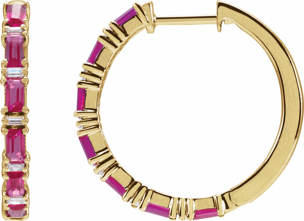 14K Yellow Gold Natural Ruby & 1 1/4 Natural Diamond Hoop Earrings