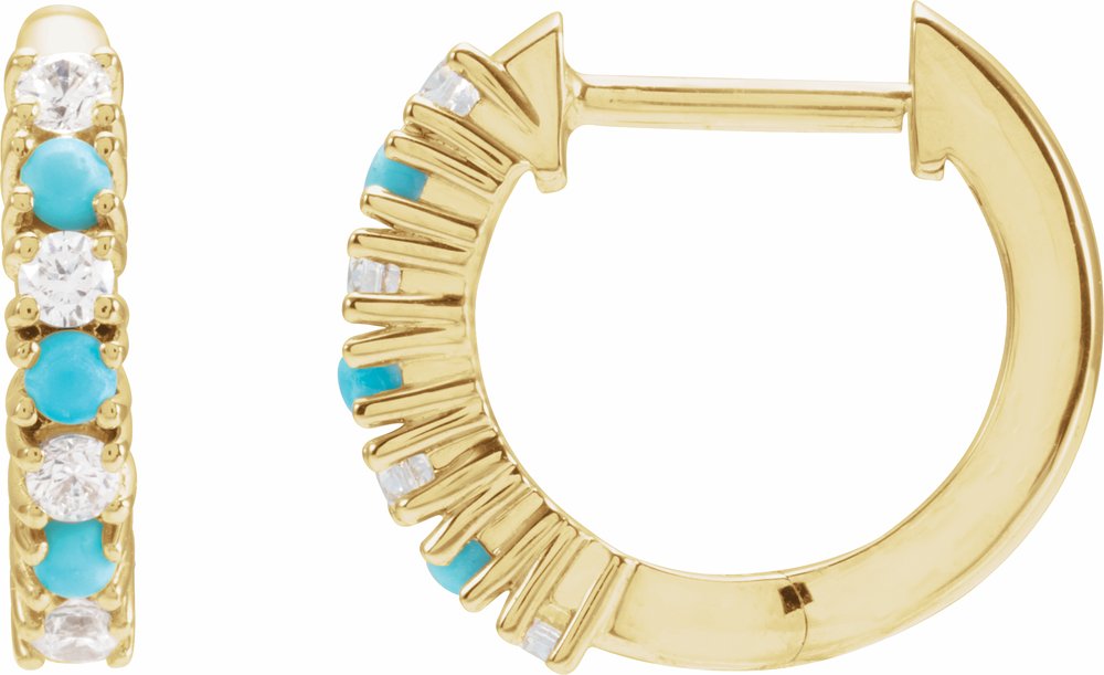 14K Yellow Gold Natural Turquoise & 1/3 CTW Natural Diamond Hoop Earrings