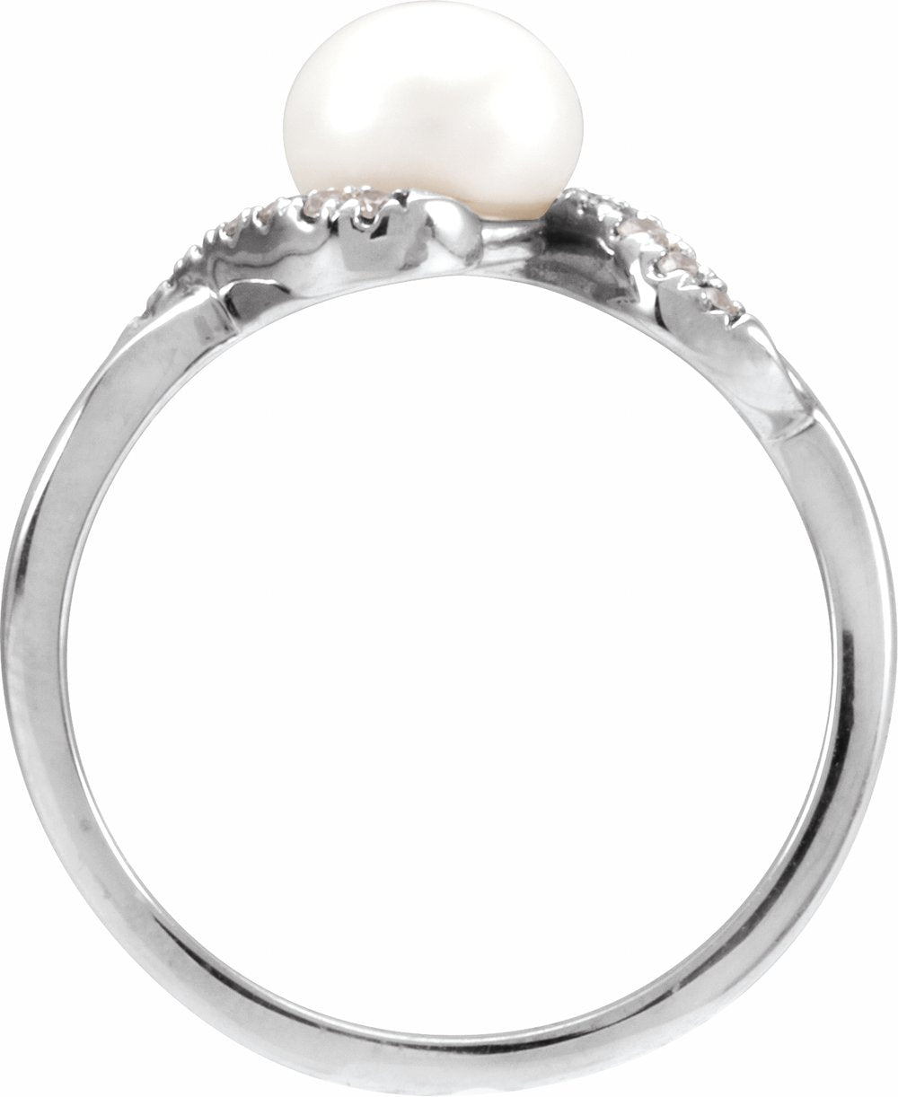 14K White Gold Cultured White Freshwater Pearl & 1/8 CTW Natural Diamond Ring