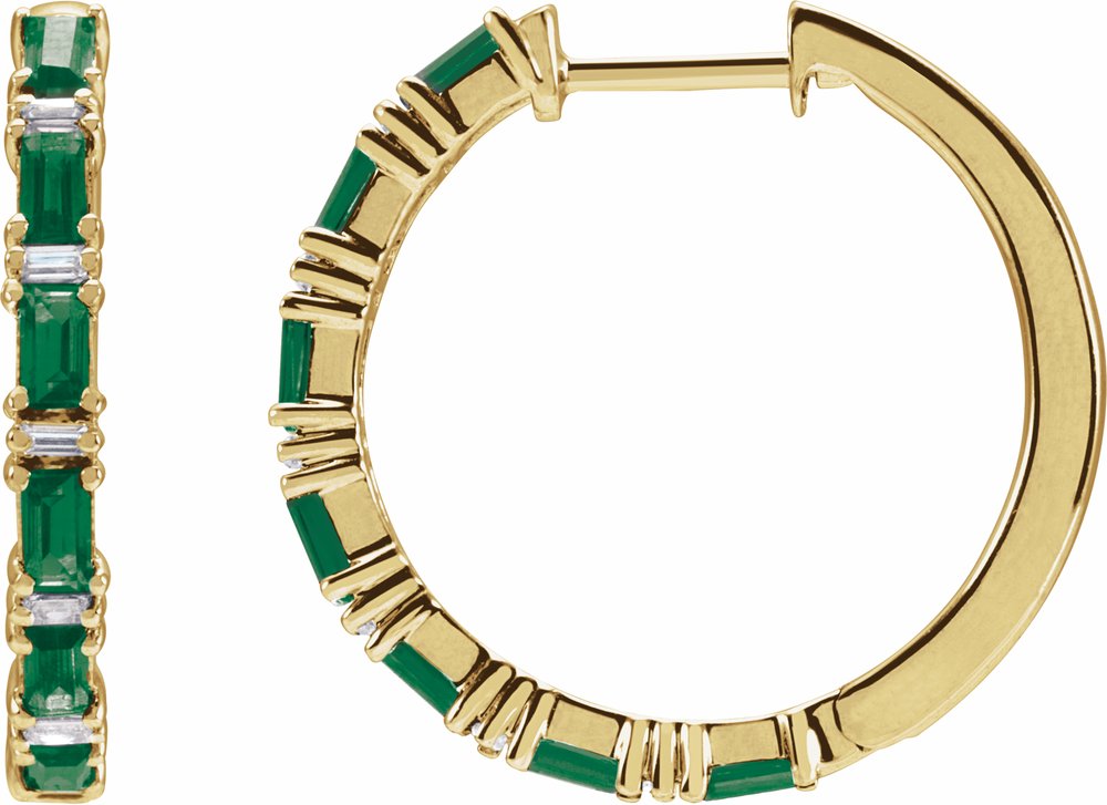 14K Yellow Gold Natural Emerald & 1 1/4 CTW Natural Diamond Hoop Earrings