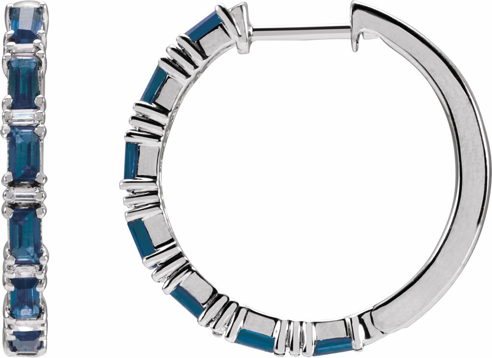 14K White Gold Natural Blue Sapphire & 1 1/4 CTW Natural Diamond Hoop Earrings