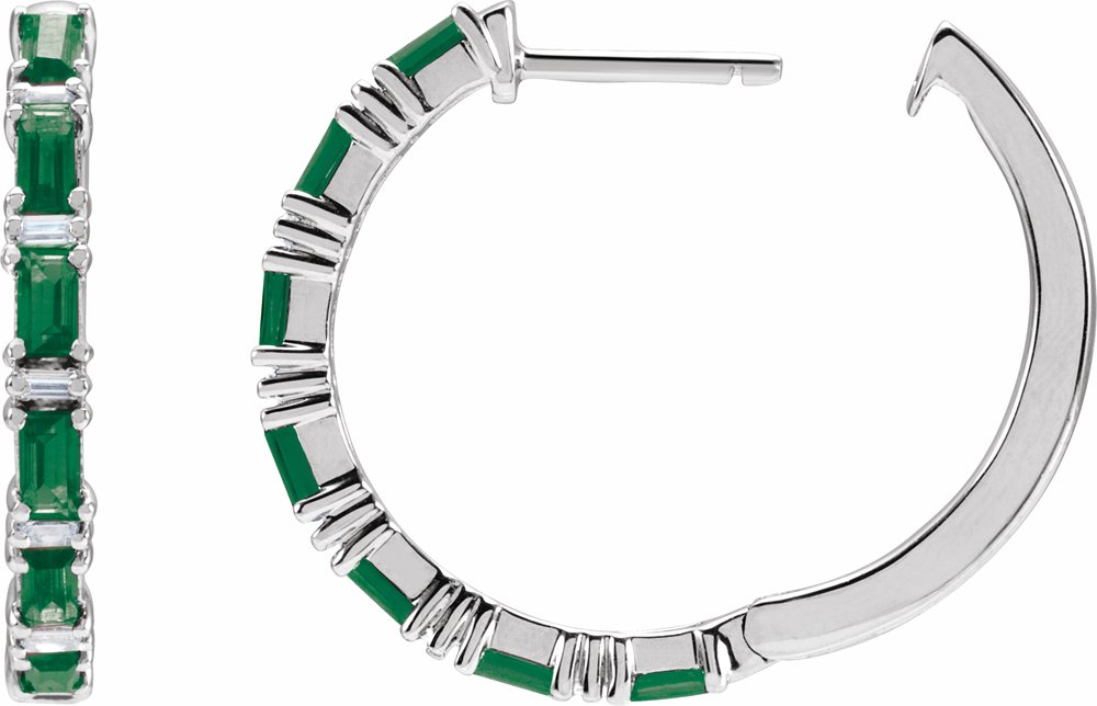 14K White Gold Natural Emerald & 1 1/4 CTW Natural Diamond Hoop Earrings