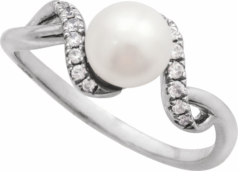 14K White Gold Cultured White Freshwater Pearl & 1/8 CTW Natural Diamond Ring
